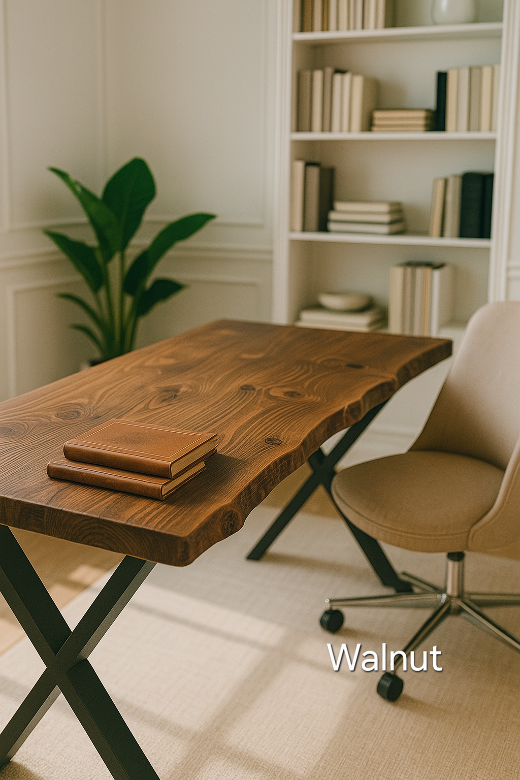 Walnut waney edge study desk with live edge top and black x cross metal legs for a stylish workspace
