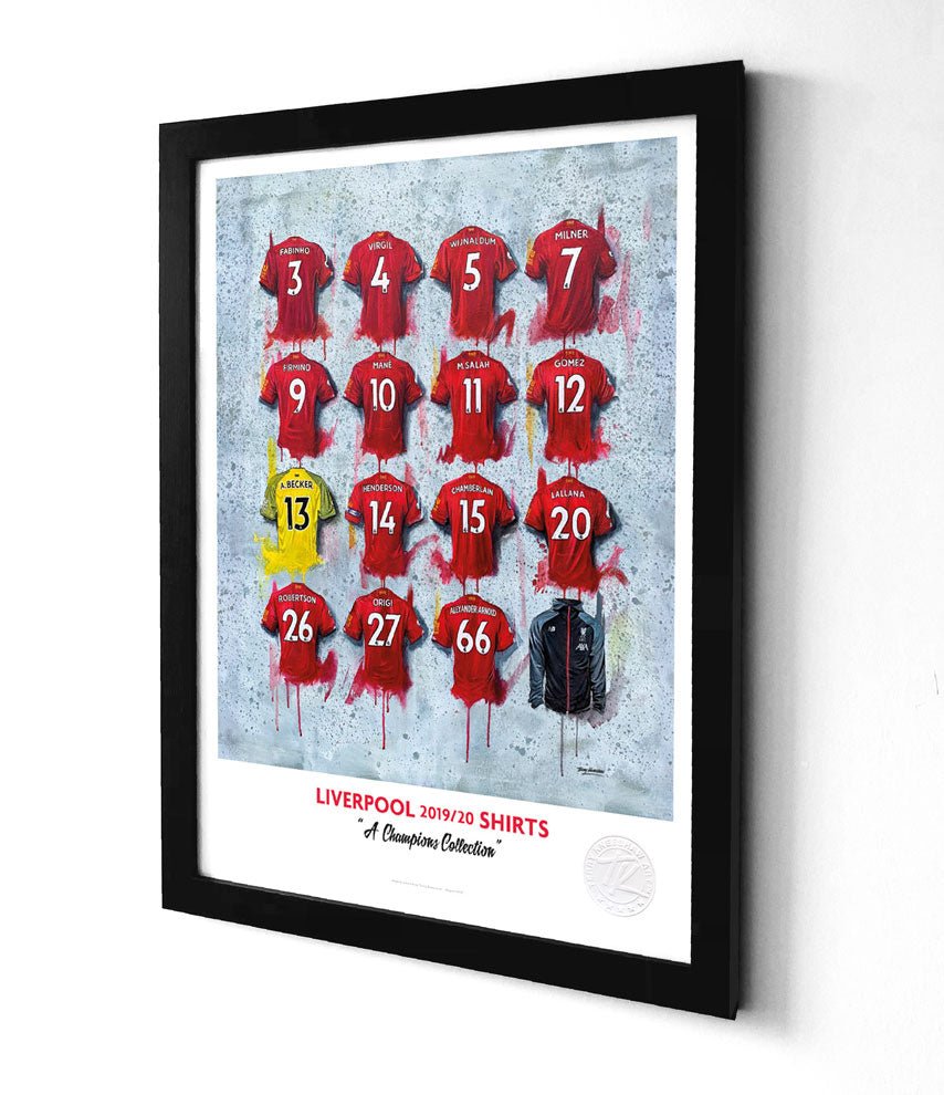 Framed print of liverpool 19/20 champions featuring stylized collage of red yellow and black season jerseys