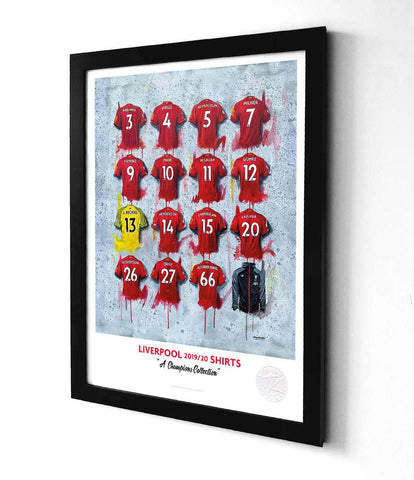 Framed print of liverpool 19/20 champions featuring stylized collage of red yellow and black season jerseys