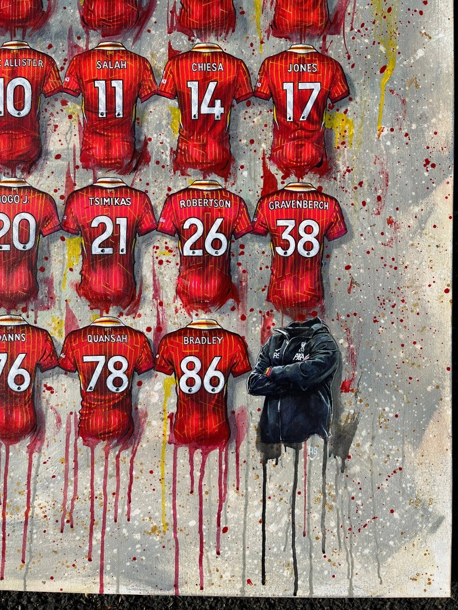 A framed print of a striking canvas with red liverpool 24/25 champions jerseys splattered with paint drips