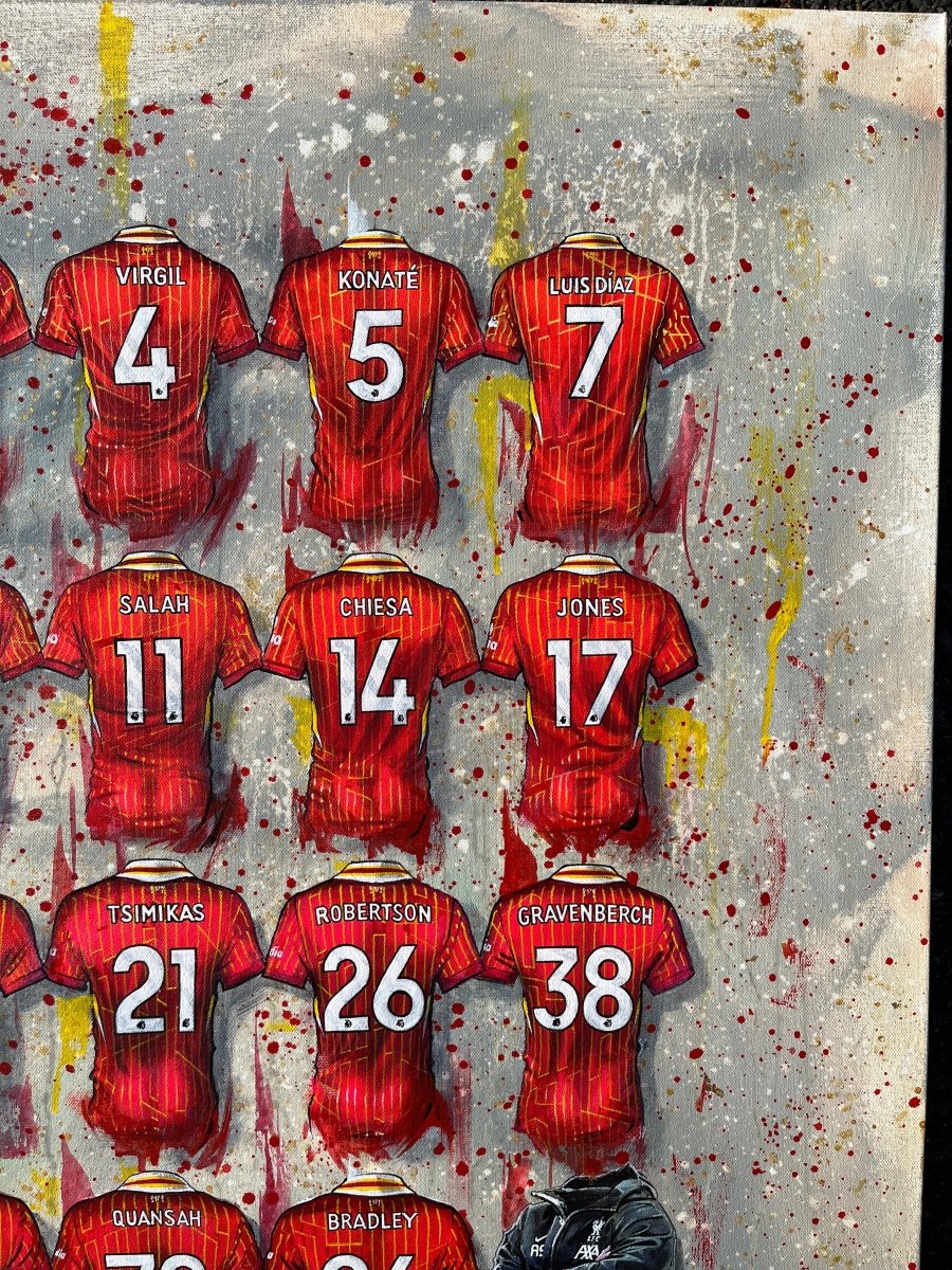 Framed print of red liverpool fc jerseys with white graffiti style player names and numbers in a framed a3 design