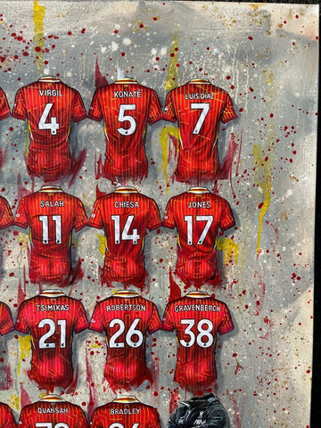 Framed print of red liverpool fc jerseys with white graffiti style player names and numbers in a framed a3 design