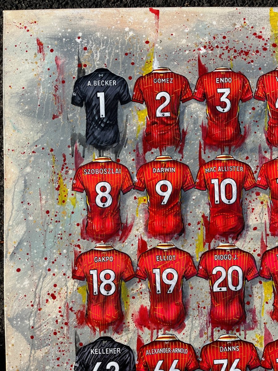 Framed print of a vibrant liverpool 24/25 champions canvas featuring a grid of red football jerseys with one black jersey