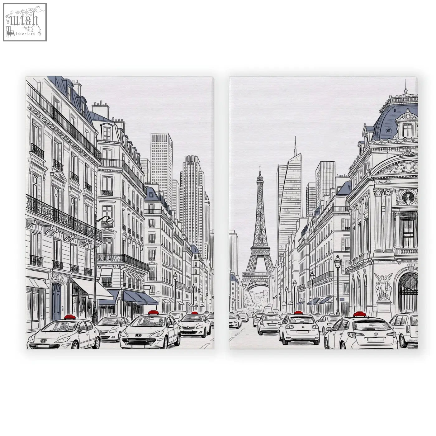 Living room art pictures featuring paris street scene and eiffel tower black and white line drawings with red taxi roofs