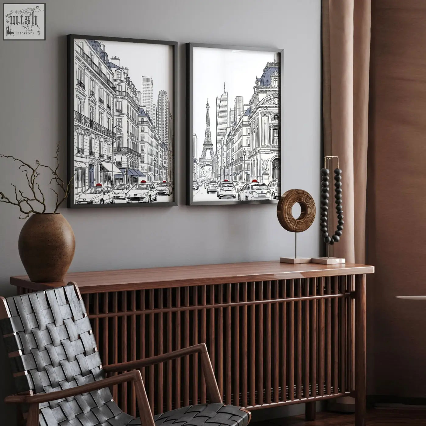 Two black and white paris street scene line art prints with eiffel tower as living room art pictures above console table
