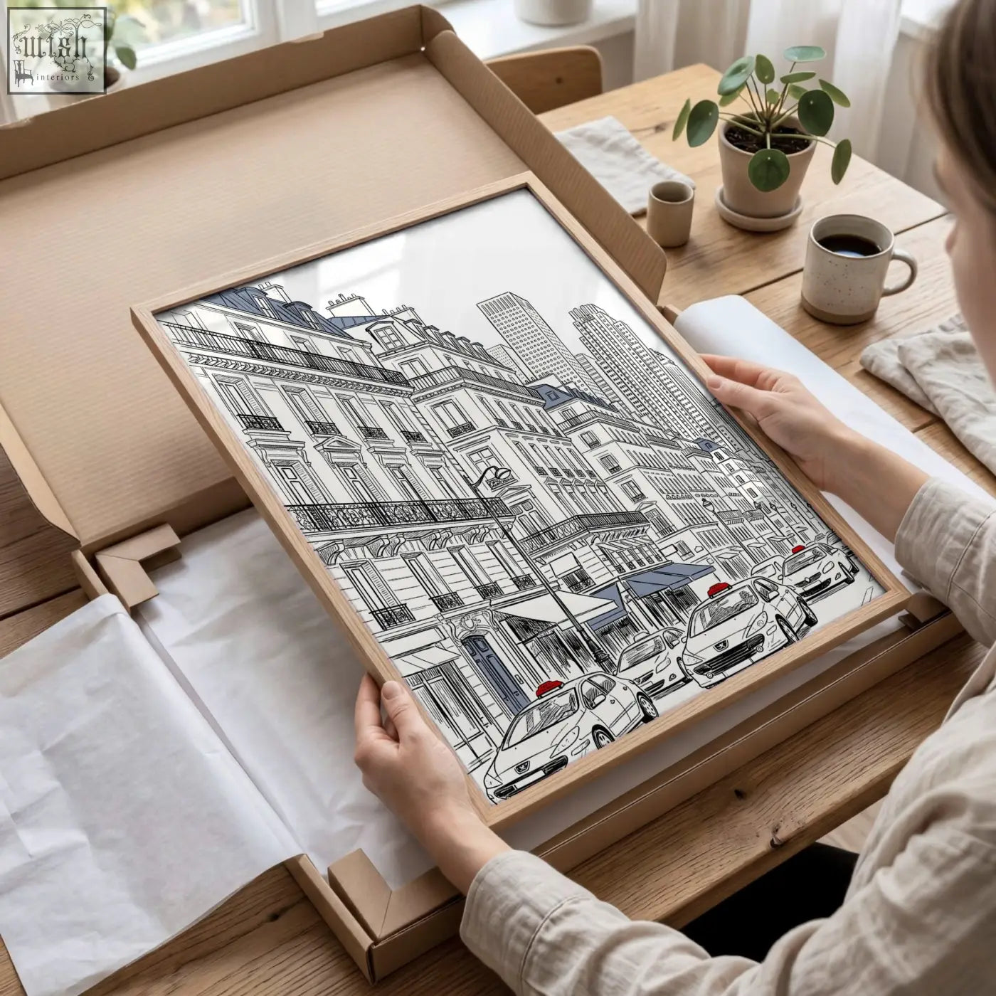 Framed black and white line art print of a parisian street scene perfect for living room art and room art pictures