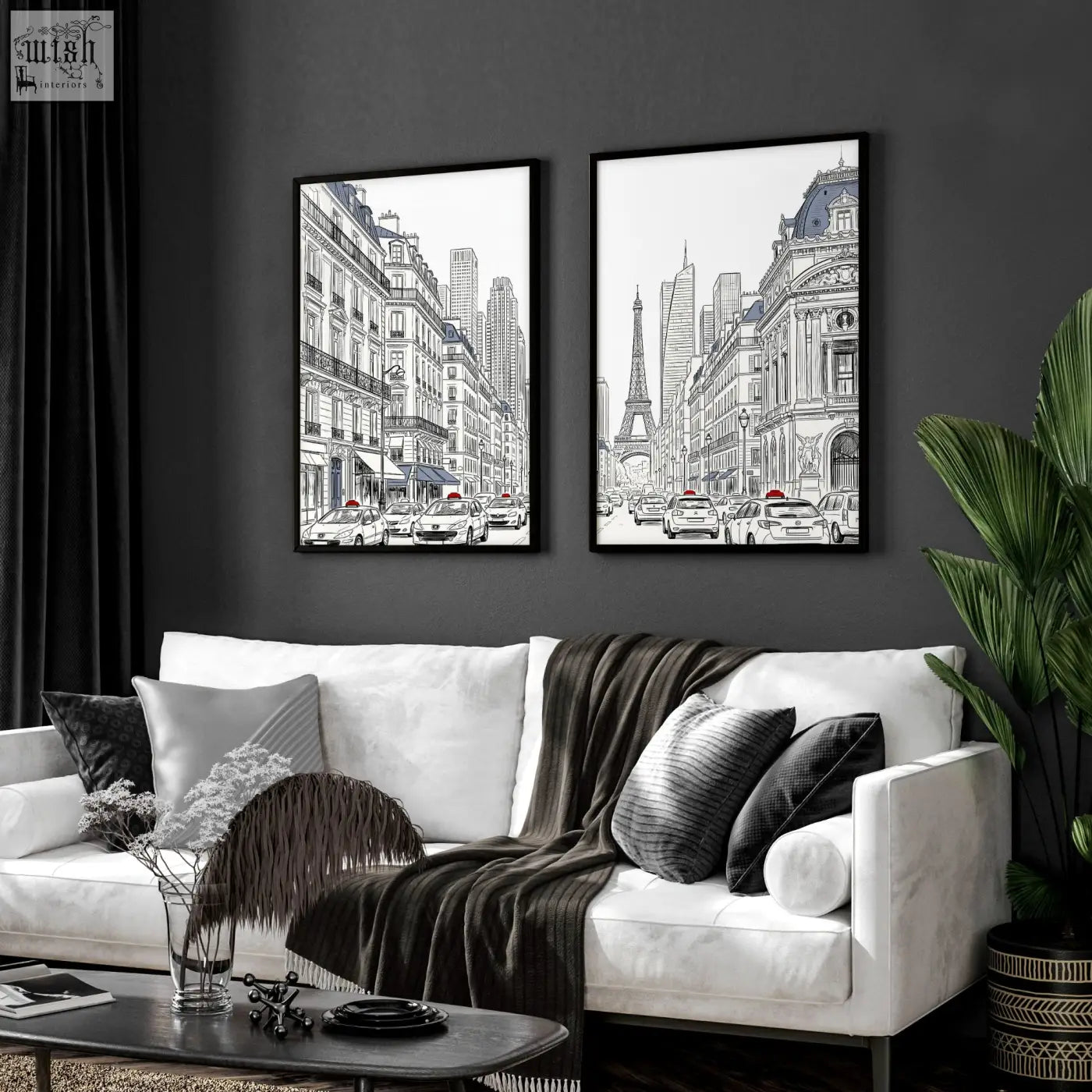 Two framed black and white paris cityscape prints featuring eiffel tower and taxis perfect for living room art pictures