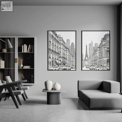 Two framed black-and-white paris street scene line art prints perfect for living room art and room art pictures
