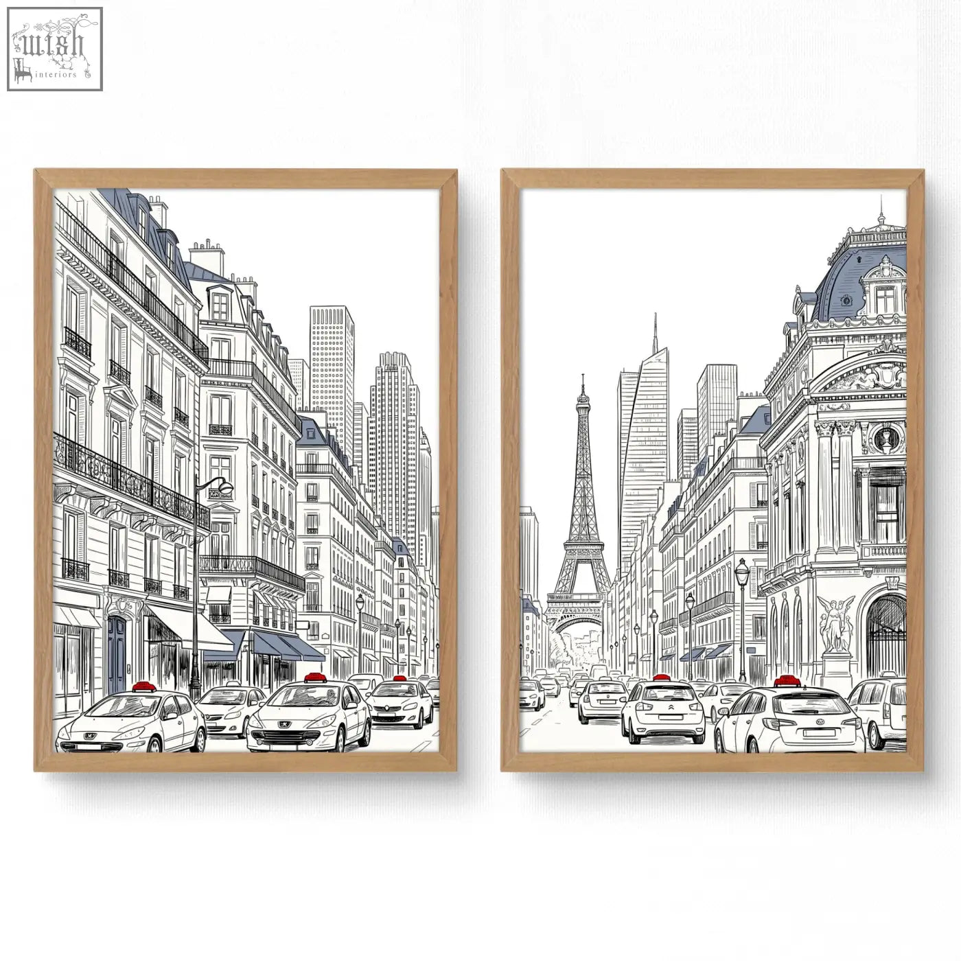 Two framed black and white line art prints of paris street scenes featuring the eiffel tower for living room art pictures