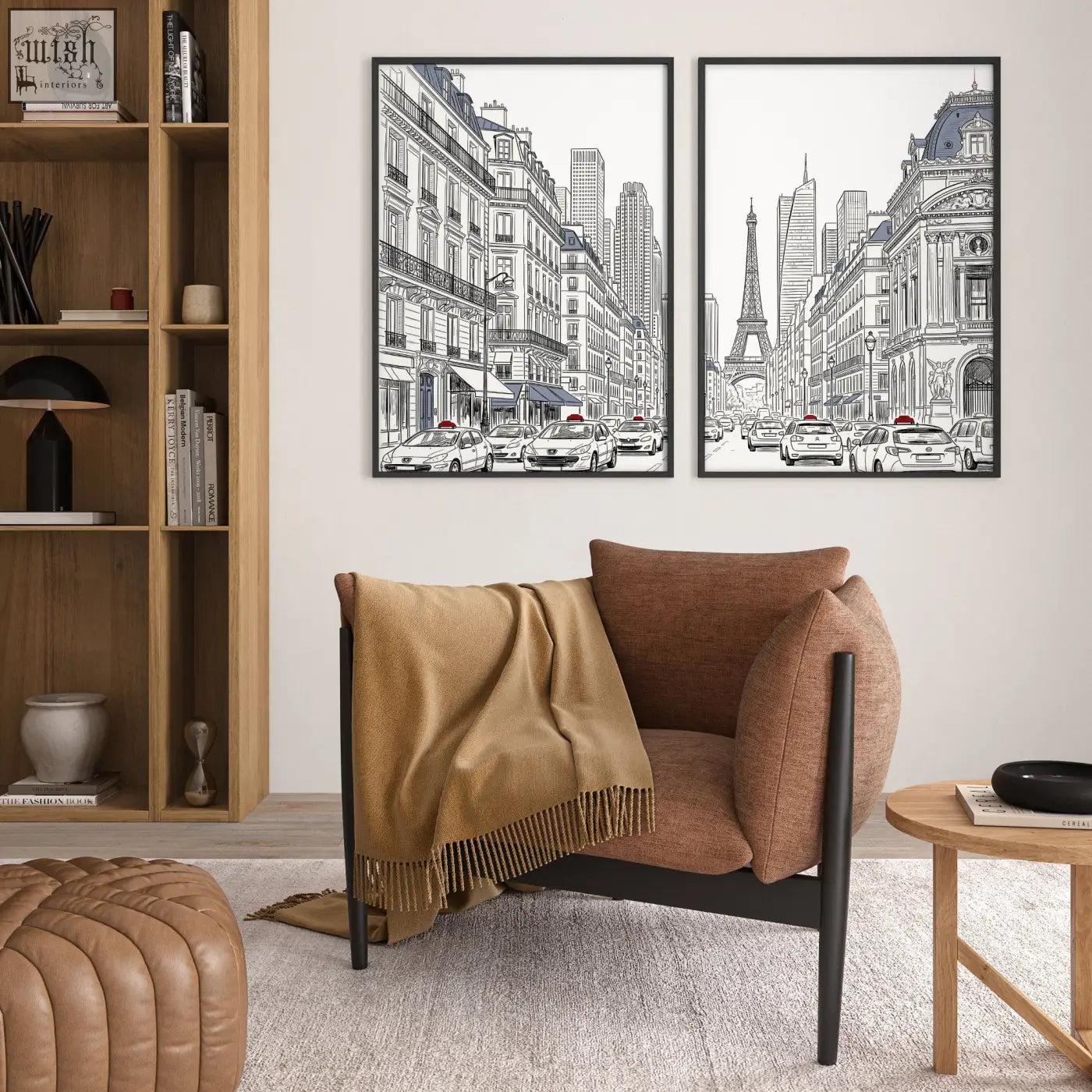 Tan upholstered armchair with black metal legs and a matching throw blanket beside living room art pictures set