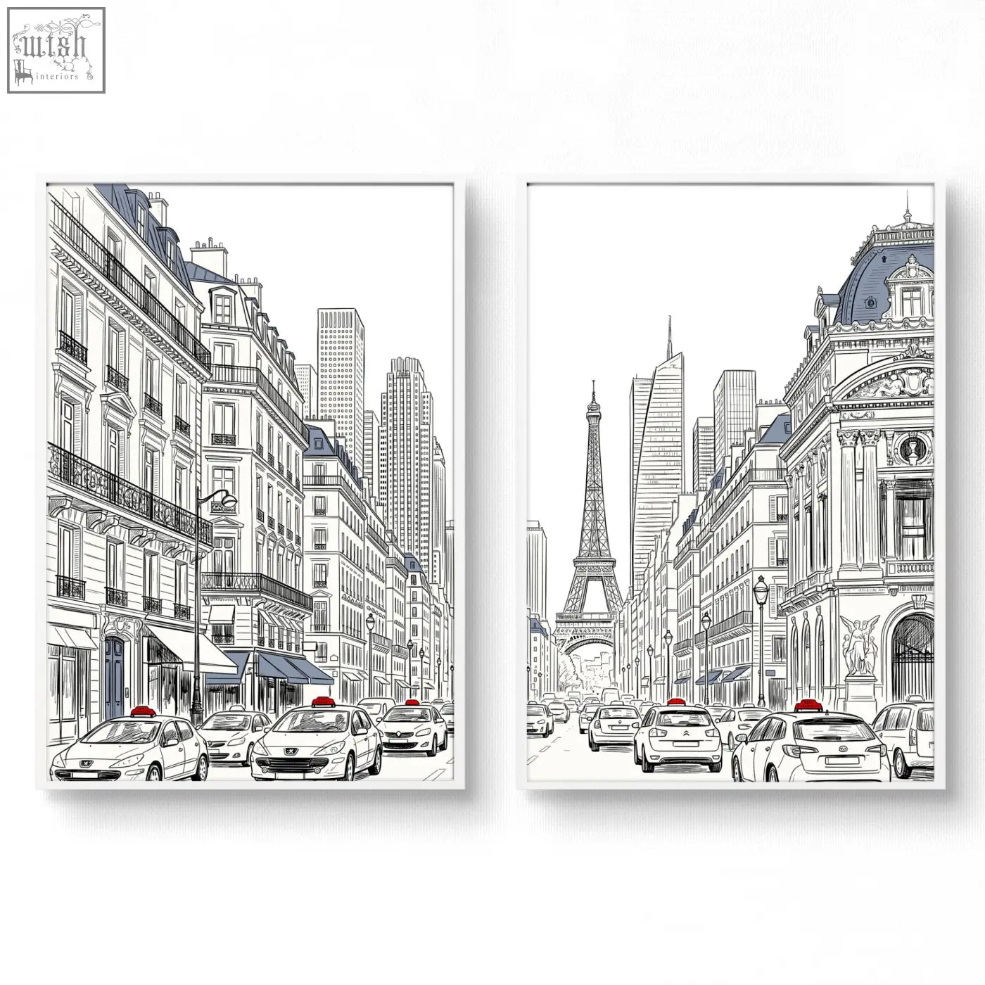 Two framed black and white living room art pictures featuring parisian street scenes with eiffel tower and taxis