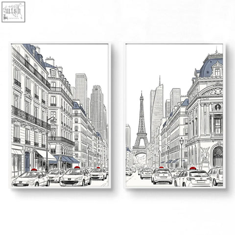 Two framed black and white living room art pictures featuring parisian street scenes with eiffel tower and taxis