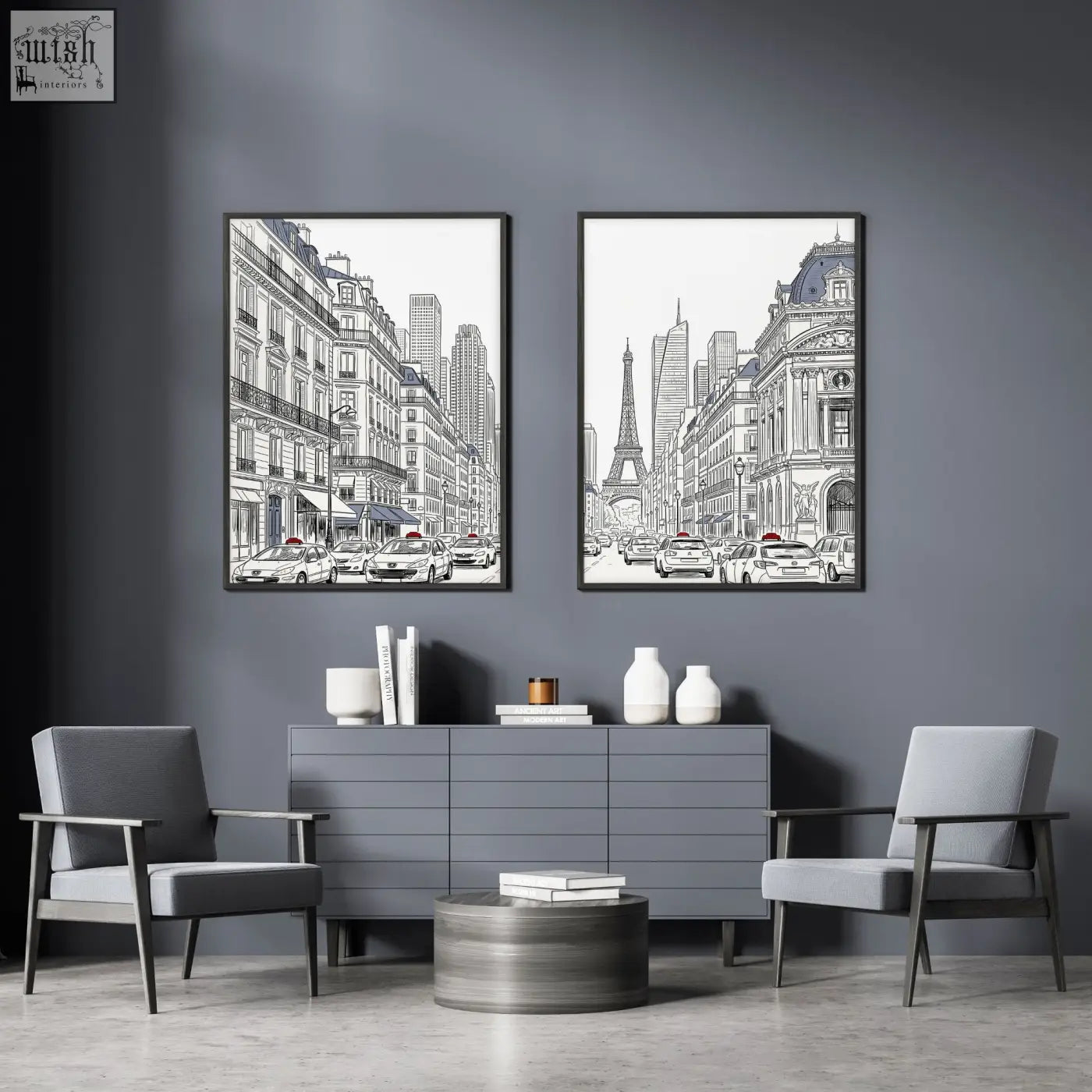 Two framed black and white paris street scene line art prints hanging on dark gray wall perfect for living room art