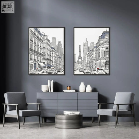 Two framed black and white paris street scene line art prints hanging on dark gray wall perfect for living room art