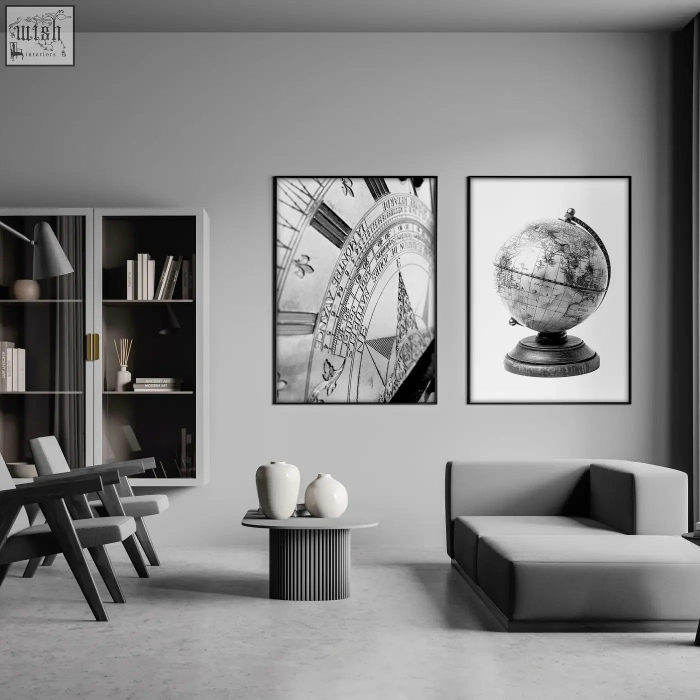 Black and white living room framed wall art featuring vintage celestial globe and ornate antique sundial prints set of 2