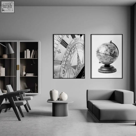 Black and white living room framed wall art featuring vintage celestial globe and ornate antique sundial prints set of 2