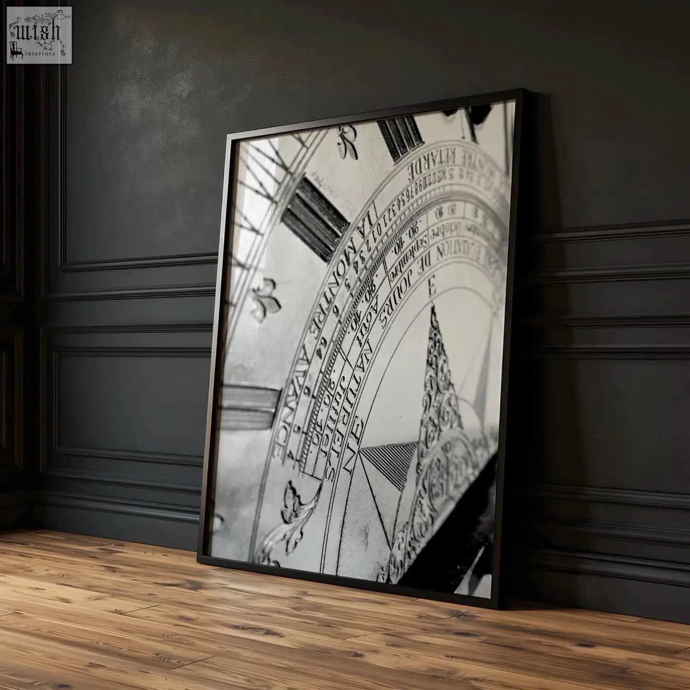 Black-framed black and white vintage sundial clock face print perfect living room framed wall art set of 2