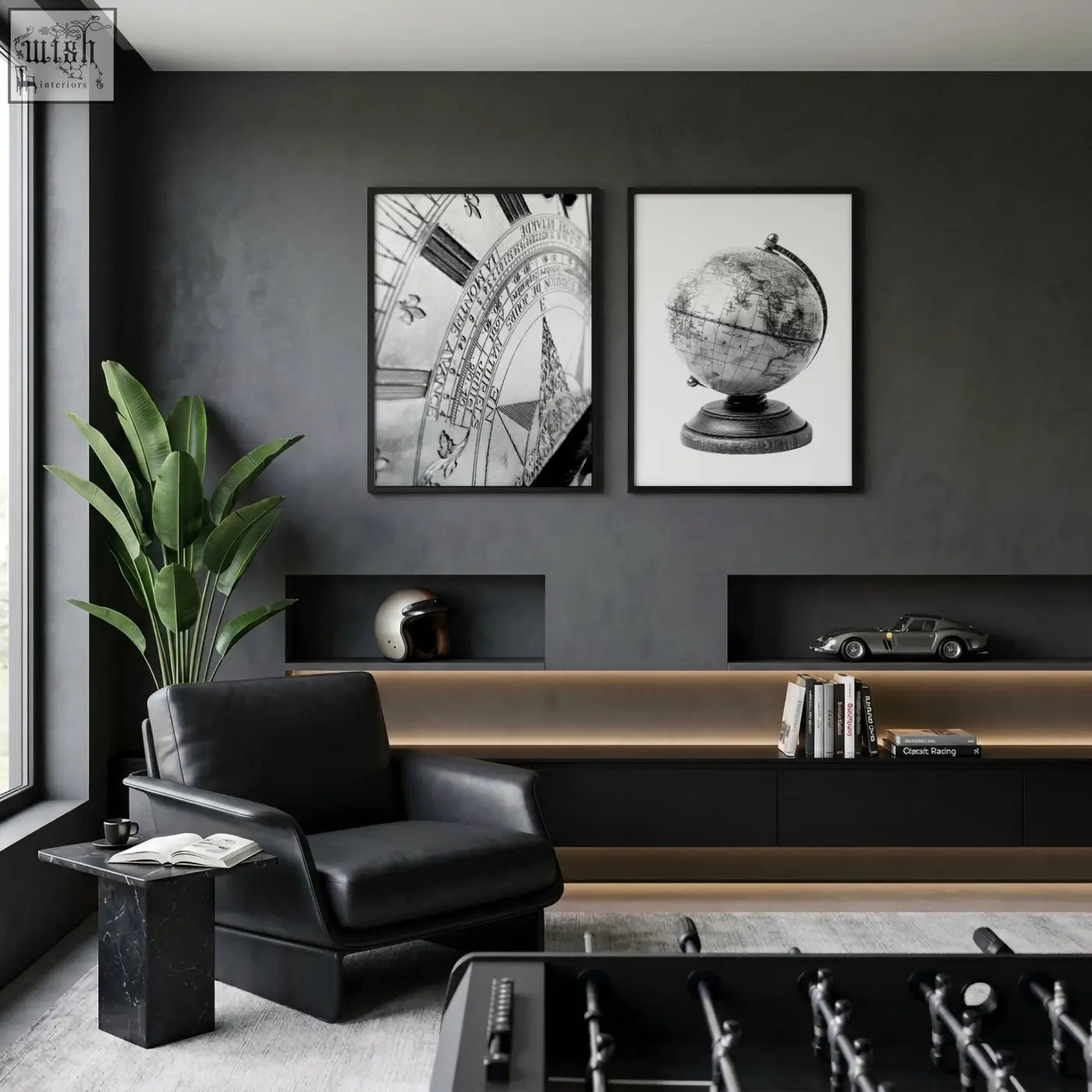 Black leather armchair with sleek modern design and minimalist lines in a living room framed vintage sundial wall art set