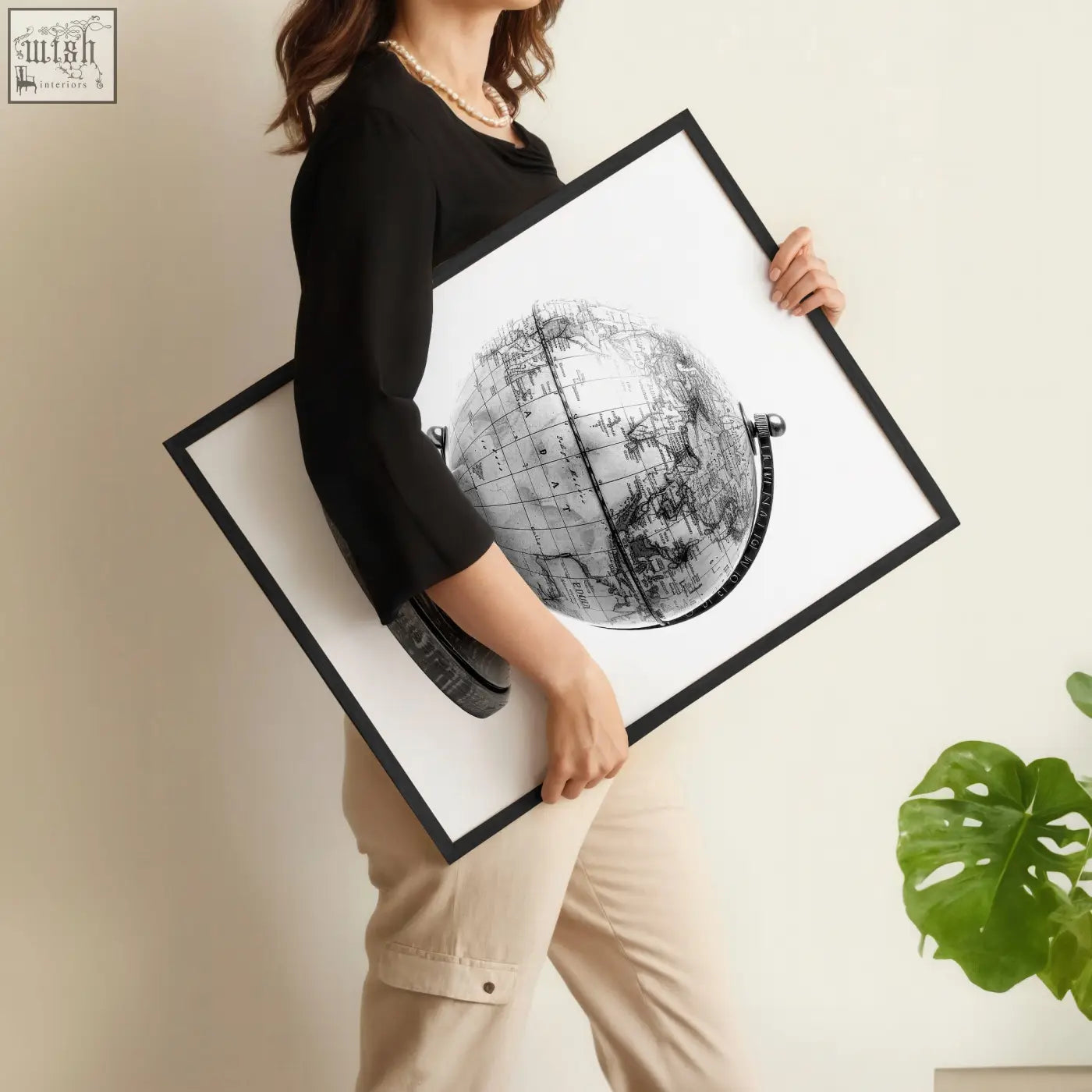 Black framed living room framed wall art featuring a detailed vintage style monochrome globe print for living room decor
