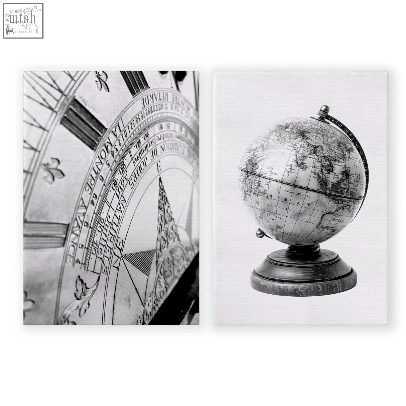 Vintage-style globe with detailed world map on dark wooden base perfect living room framed wall art set