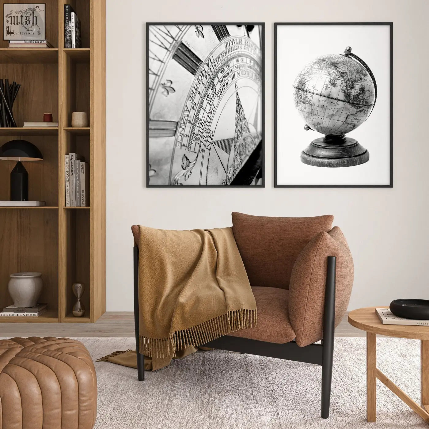 Brown upholstered armchair with black metal legs and tan throw next to living room framed vintage sundial and globe wall art set