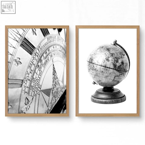 Black and white living room framed wall art featuring detailed vintage sundial and antique globe prints set of 2