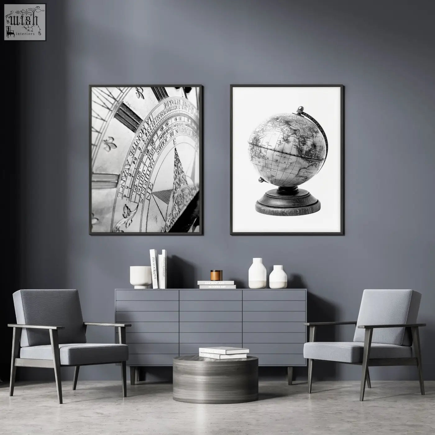 Black and white living room framed wall art featuring vintage sundial and antique globe prints above console table