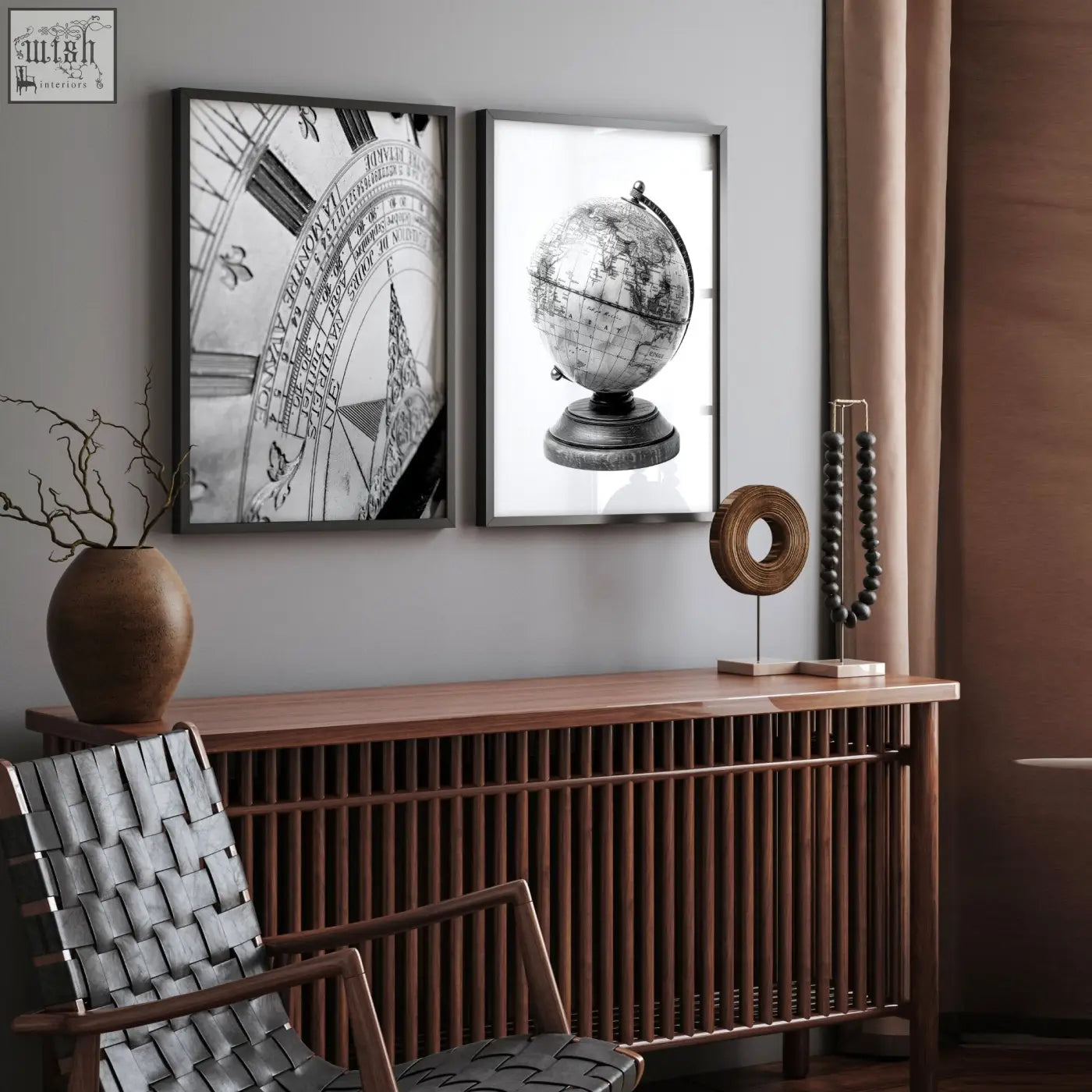 Living room framed wall art featuring black and white vintage sundial and antique globe prints above a wooden console table