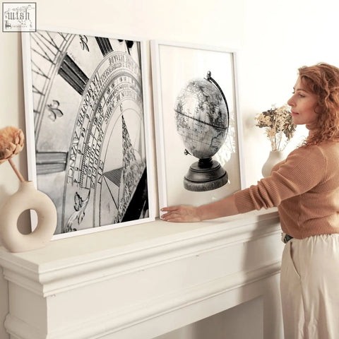 White-framed black and white vintage globe print wall art perfect for living room framed decor display
