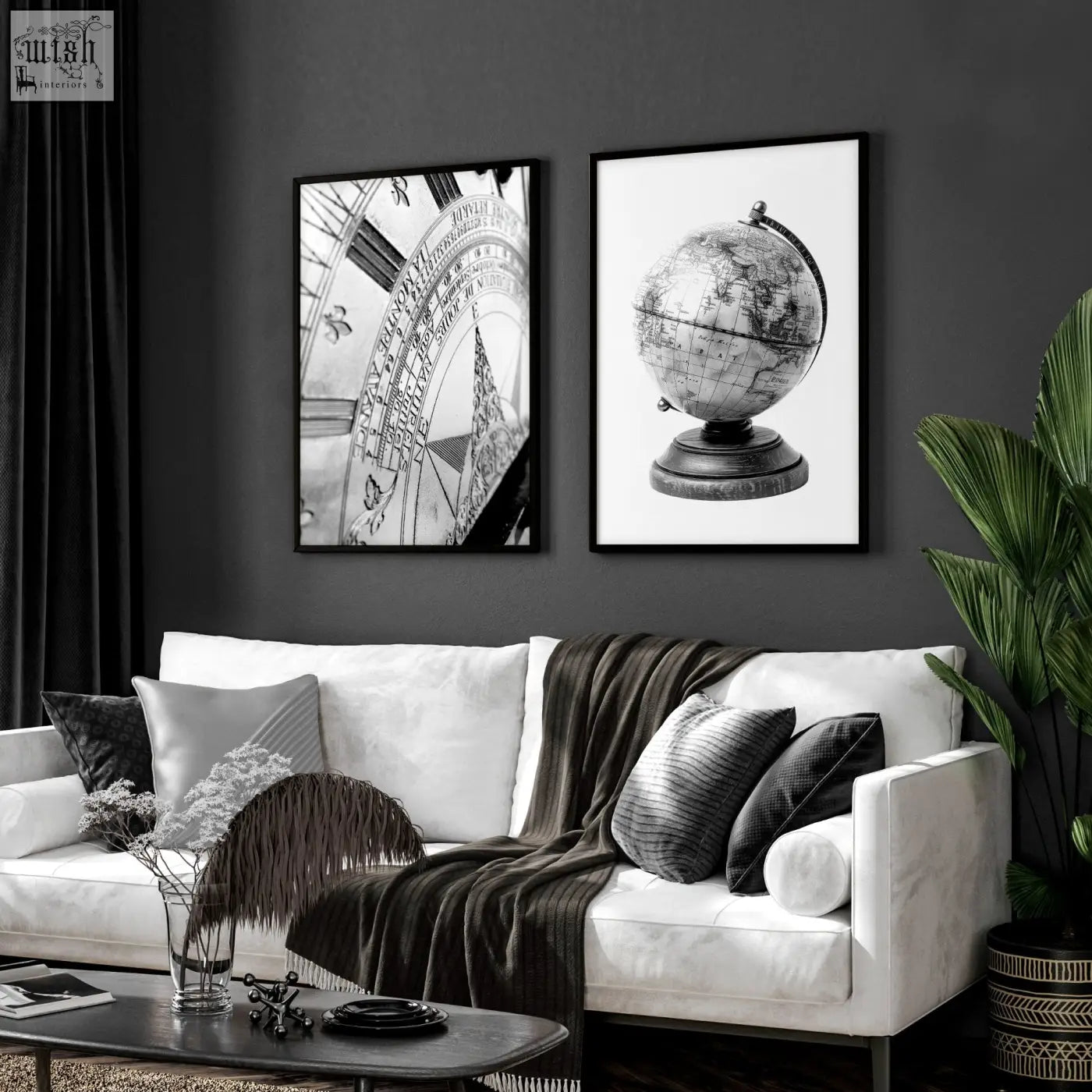 Black-framed black and white living room framed wall art of vintage sundial clock face and antique globe prints set of 2