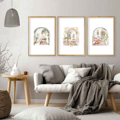 Living Room Paintings | Set of 3 Moroccan Inspired Wall art Prints