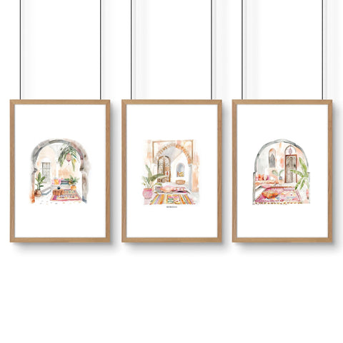 Living Room Paintings | Set of 3 Moroccan Inspired Wall art Prints