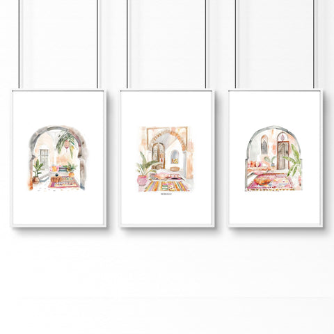 Living Room Paintings | Set of 3 Moroccan Inspired Wall art Prints