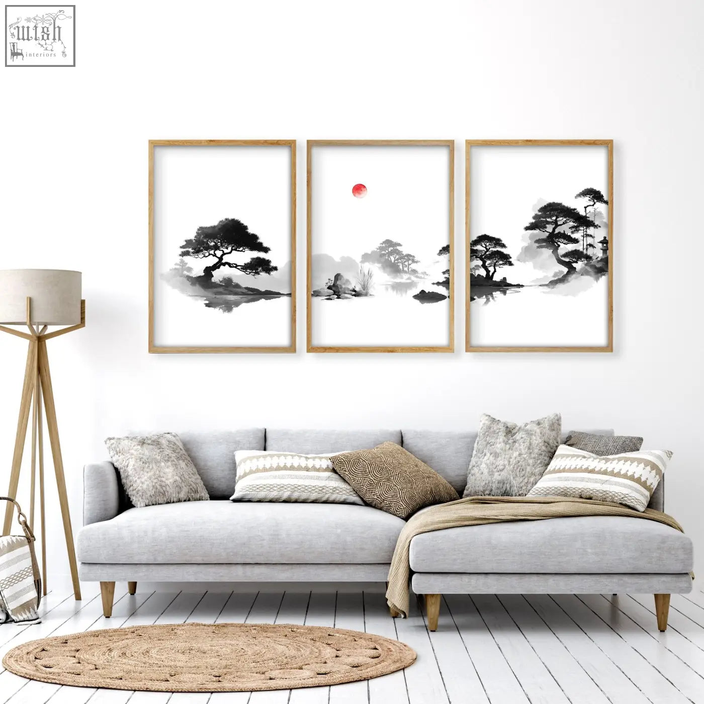 Set of three minimalist ink wash living room pictures with black trees red sun and misty water reflections wall art prints