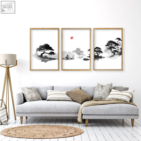 Set of three minimalist ink wash living room pictures with black trees red sun and misty water reflections wall art prints