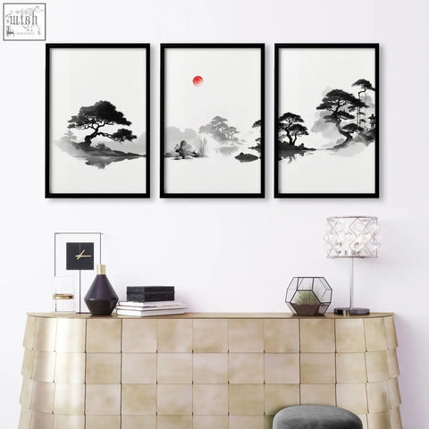 Set of three black-framed minimalist ink wash living room pictures with red sun and misty trees wall art prints