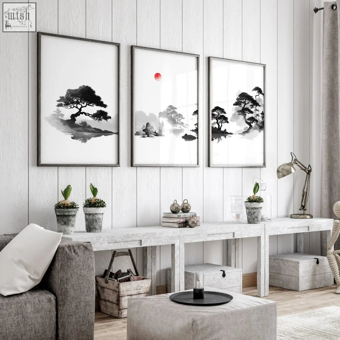 Three framed black white ink wash landscape prints with red sun in minimalist frames living room picture set of 3