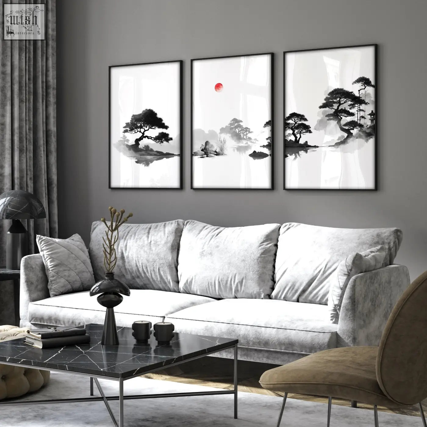 Set of 3 minimalist black and white Japandi zen landscape living room pictures with a red sun in thin black frames