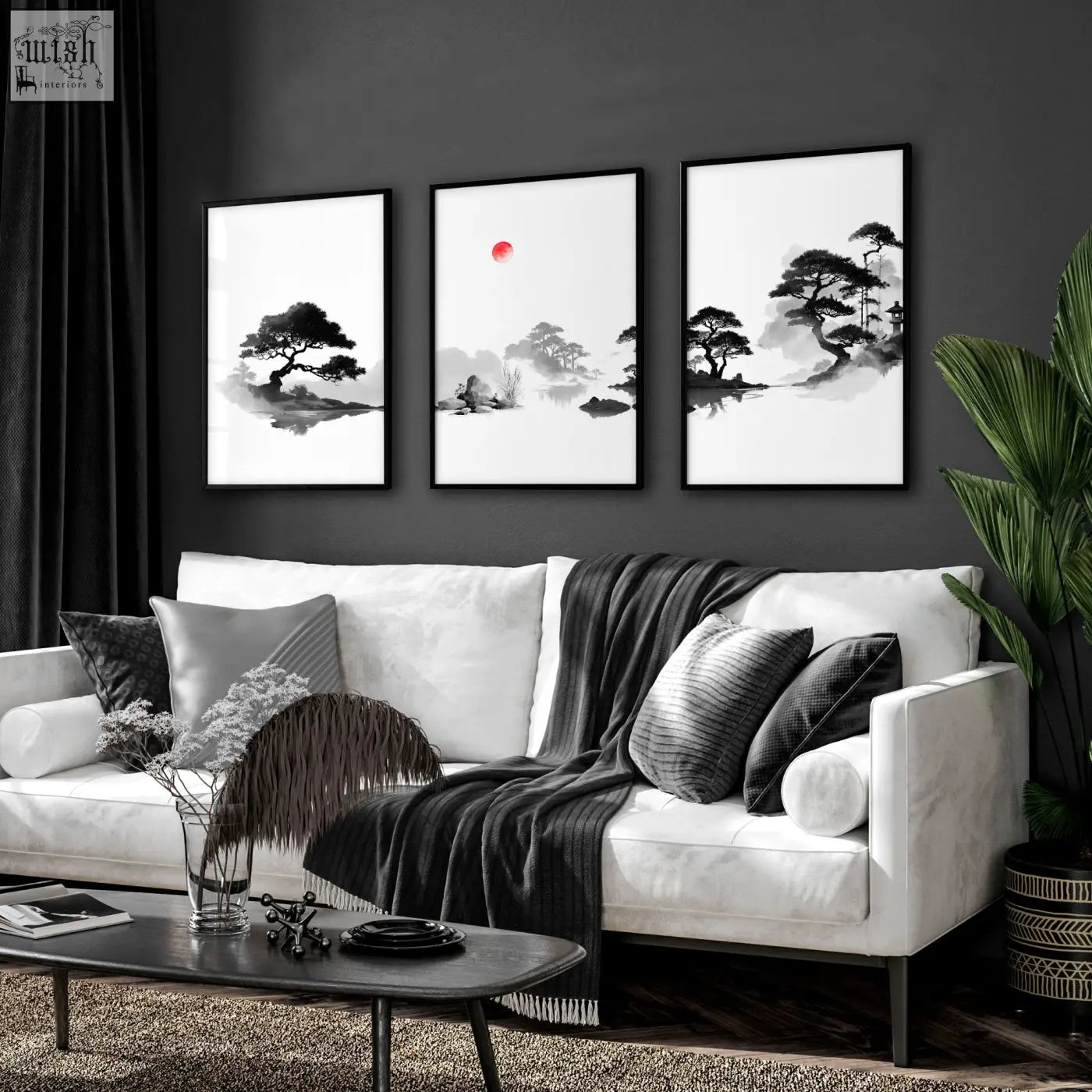 Set of 3 living room picture japandi zen landscape prints with black white tree silhouettes and red sun