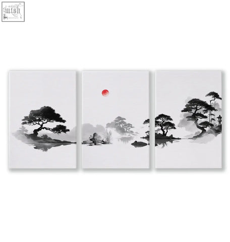 Three-panel minimalist ink wash living room picture featuring black white trees misty mountains and red sun wall art prints