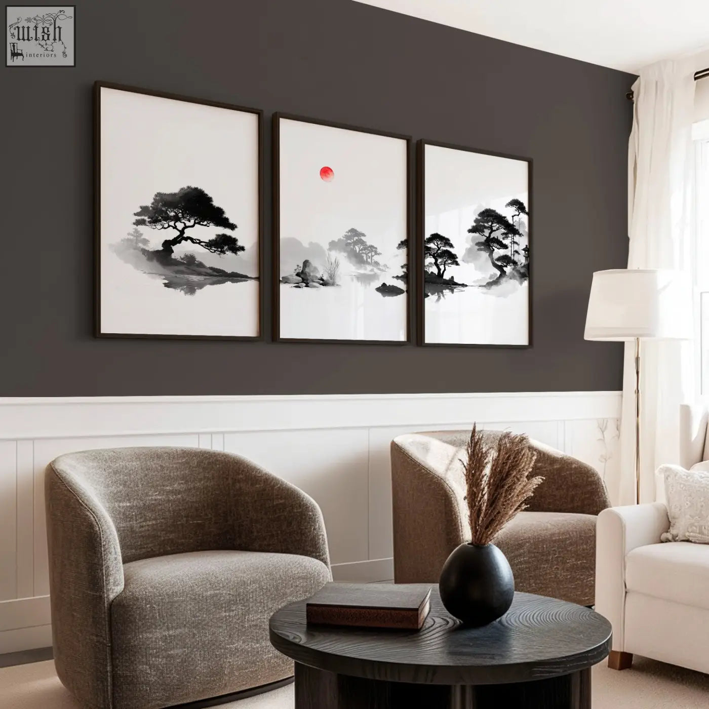 Black matte ceramic vase with dried pampas grass in a living room picture japandi zen landscape wall art set