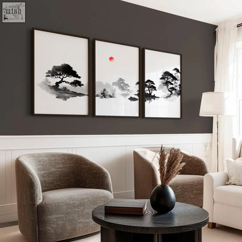 Black matte ceramic vase with dried pampas grass in a living room picture japandi zen landscape wall art set