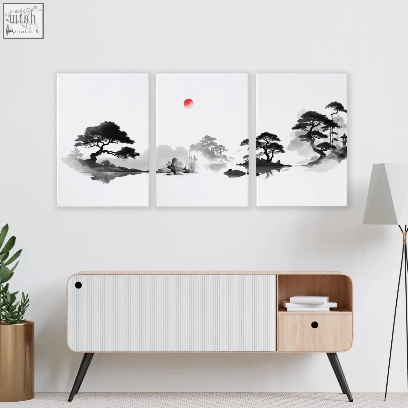 Three-panel minimalist ink wash living room picture with black and white pine trees and red sun wall art prints