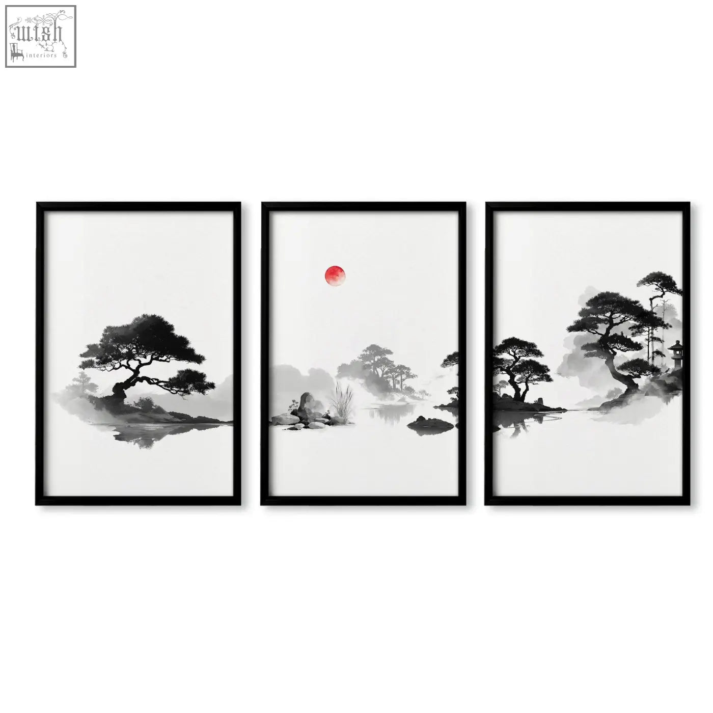 Set of three black-framed minimalist ink wash landscape art prints with red sun perfect as living room pictures