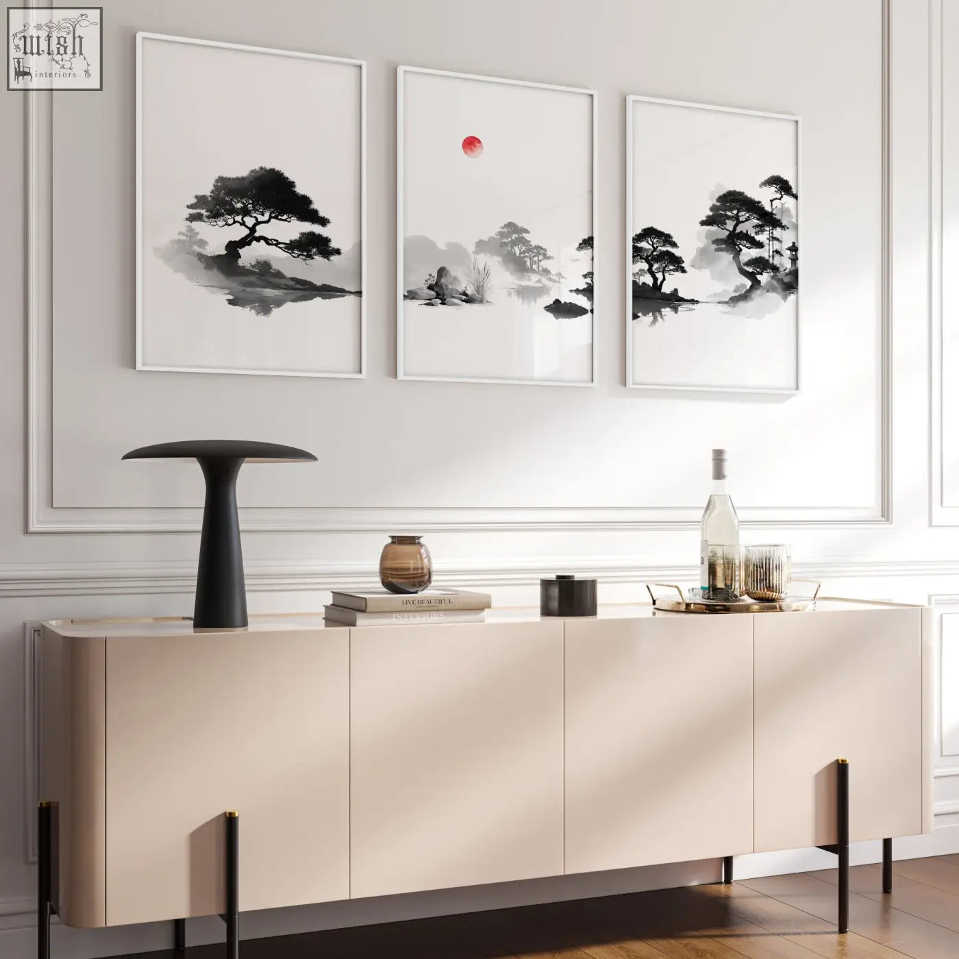 Beige modern sideboard with sleek minimalist design and black legs below japandi zen landscape living room picture set of 3