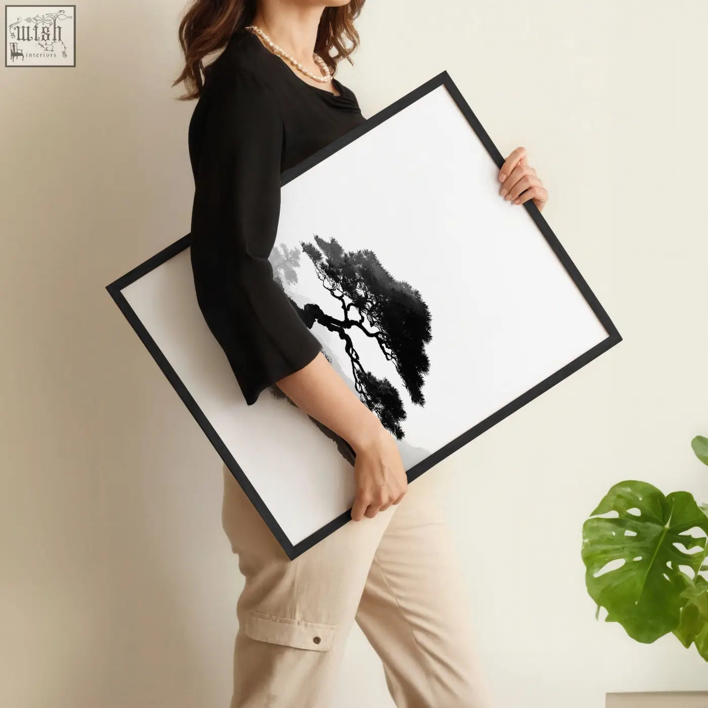 Black-framed minimalist living room picture featuring stylized ink wash tree with red sun in japandi zen style set of 3