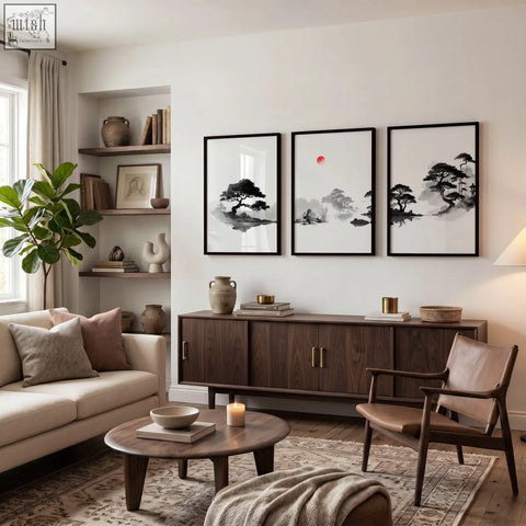 Set of three framed black and white ink wash living room pictures with red sun featuring minimalist japandi zen landscapes
