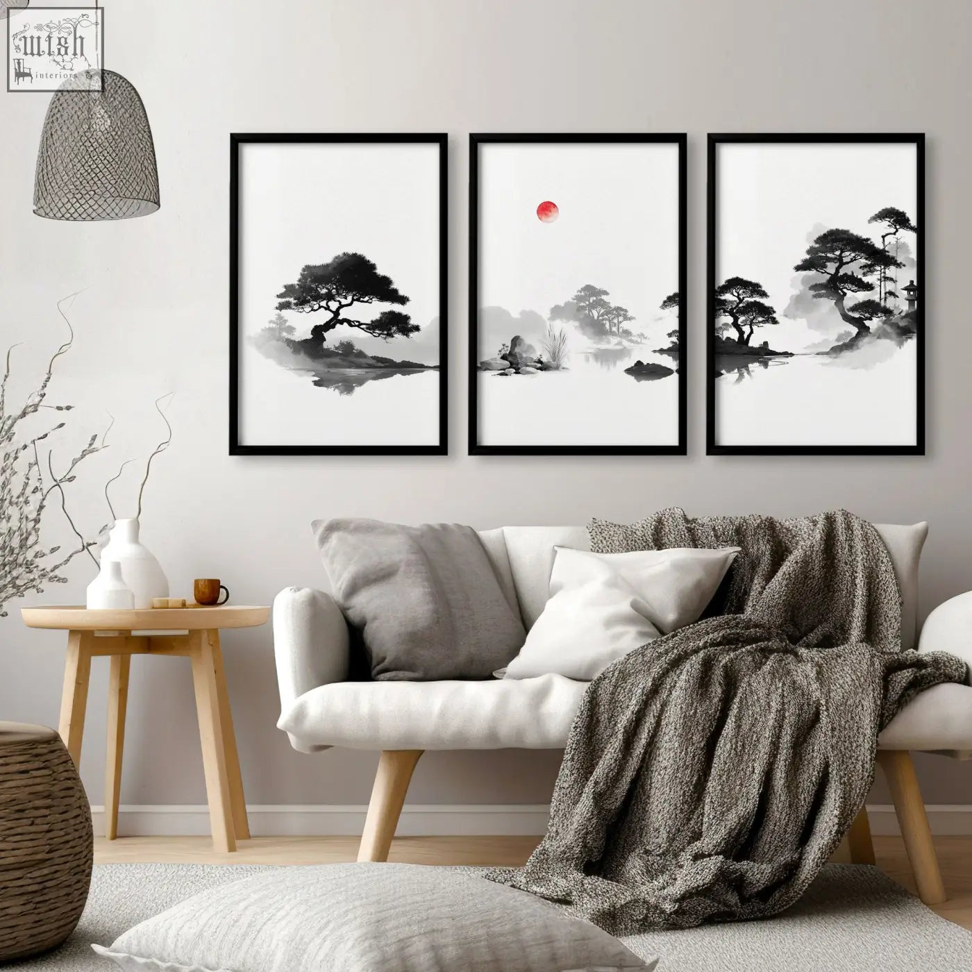 Set of three black-framed minimalist ink wash landscape living room pictures featuring monochrome trees and a red sun