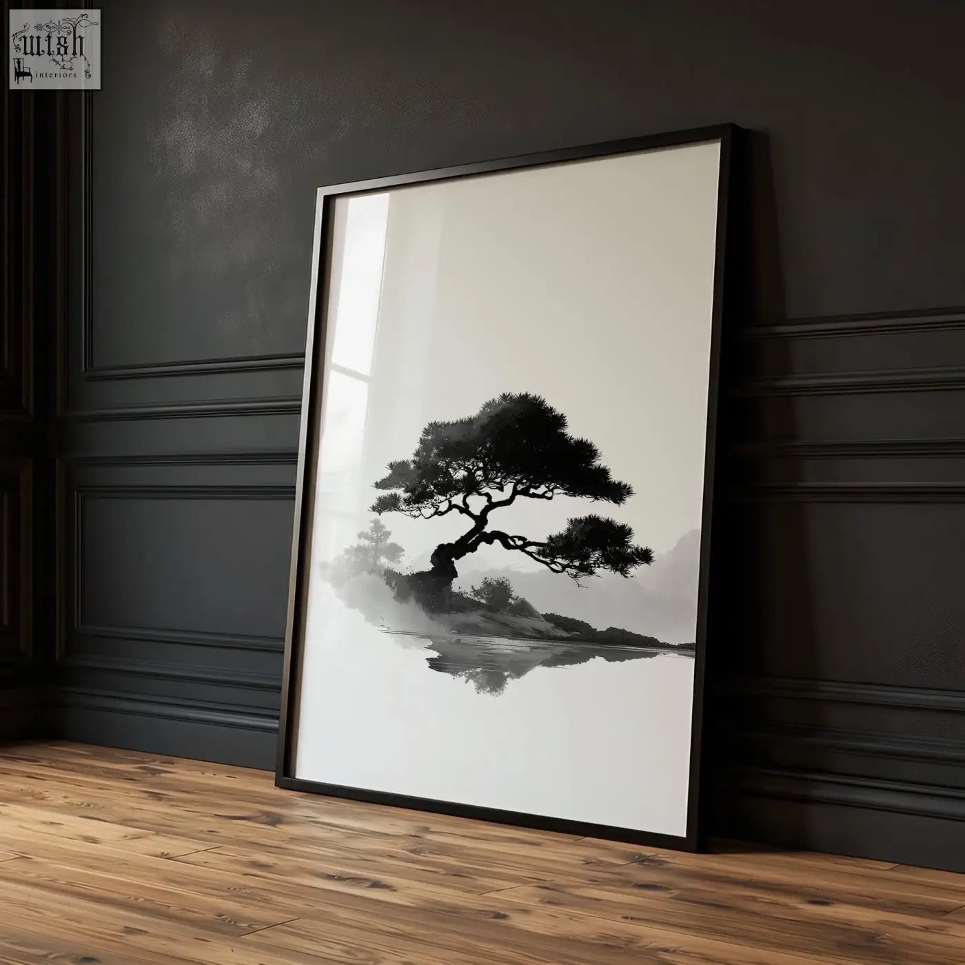 Black-framed minimalist living room picture of solitary pine tree silhouette with reflection in calm water