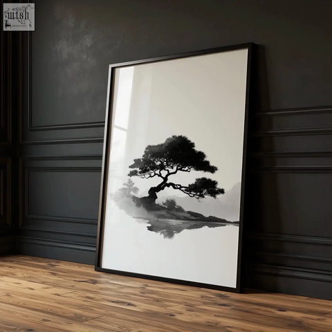 Black-framed minimalist living room picture of solitary pine tree silhouette with reflection in calm water
